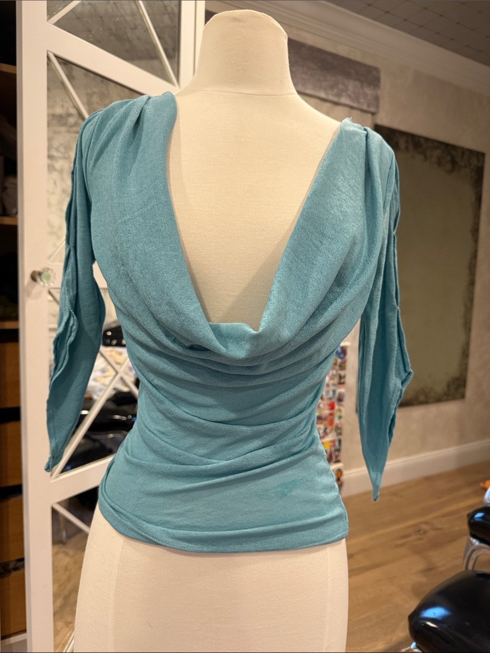 I.Am.Gia Cowl Neck Draped 3/4 -Sleeve Top in Aqua Blue